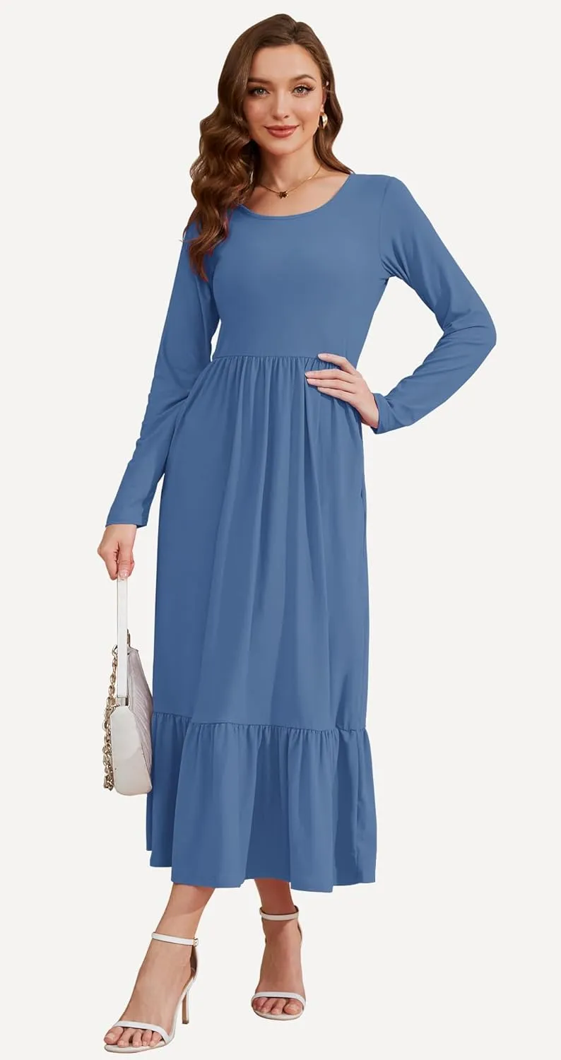 AUSELILY Womens Fall Dresses 2024 Long Sleeve Maxi Dress Casual Crewneck Flowy Tiered Wedding Guest Dress with Pockets