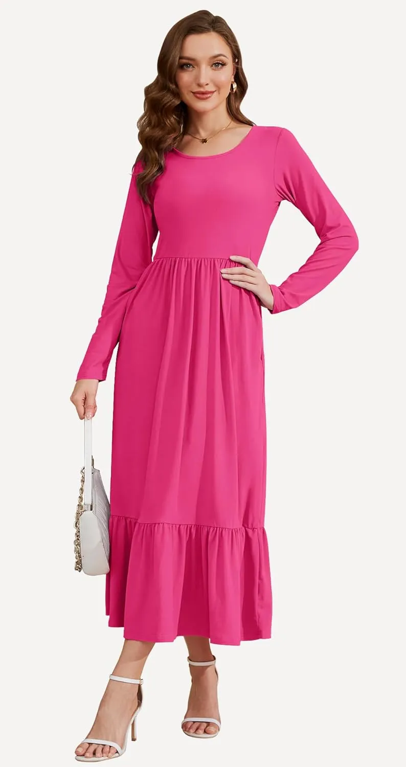 AUSELILY Womens Fall Dresses 2024 Long Sleeve Maxi Dress Casual Crewneck Flowy Tiered Wedding Guest Dress with Pockets
