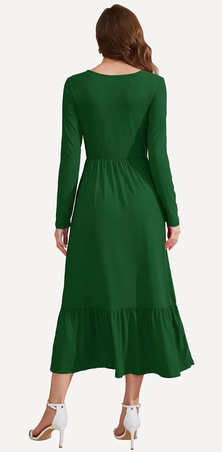 AUSELILY Womens Fall Dresses 2024 Long Sleeve Maxi Dress Casual Crewneck Flowy Tiered Wedding Guest Dress with Pockets