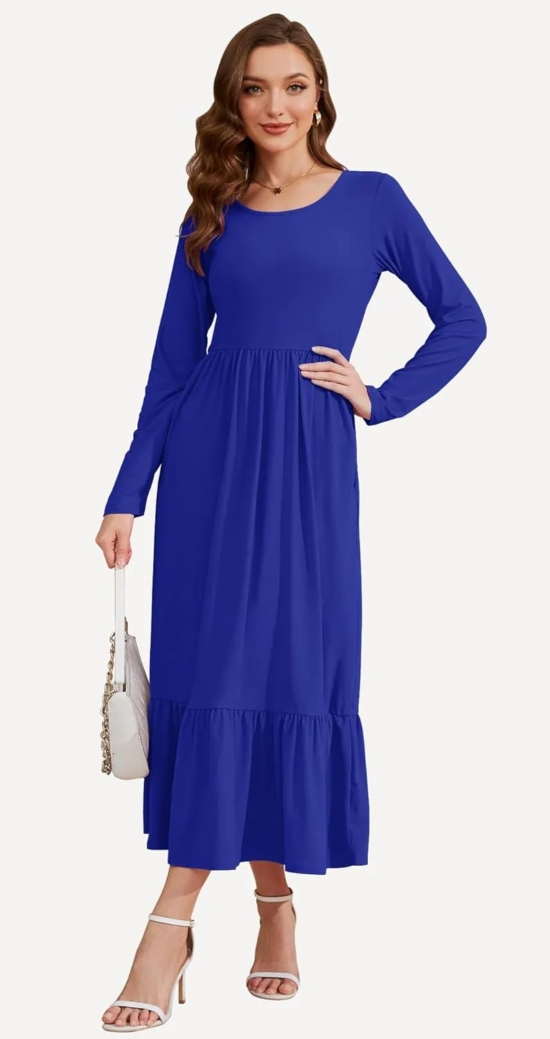 AUSELILY Womens Fall Dresses 2024 Long Sleeve Maxi Dress Casual Crewneck Flowy Tiered Wedding Guest Dress with Pockets