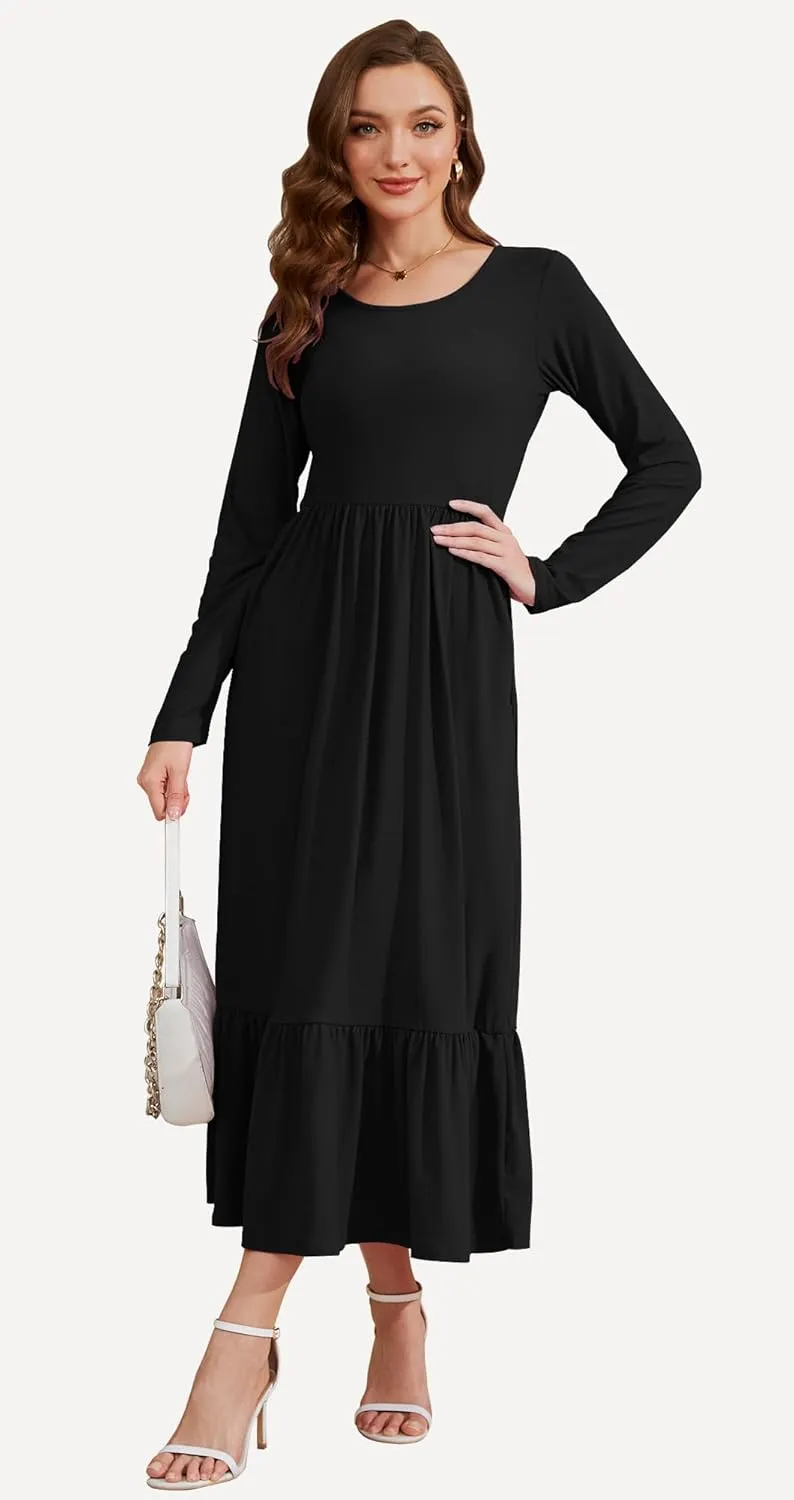 AUSELILY Womens Fall Dresses 2024 Long Sleeve Maxi Dress Casual Crewneck Flowy Tiered Wedding Guest Dress with Pockets