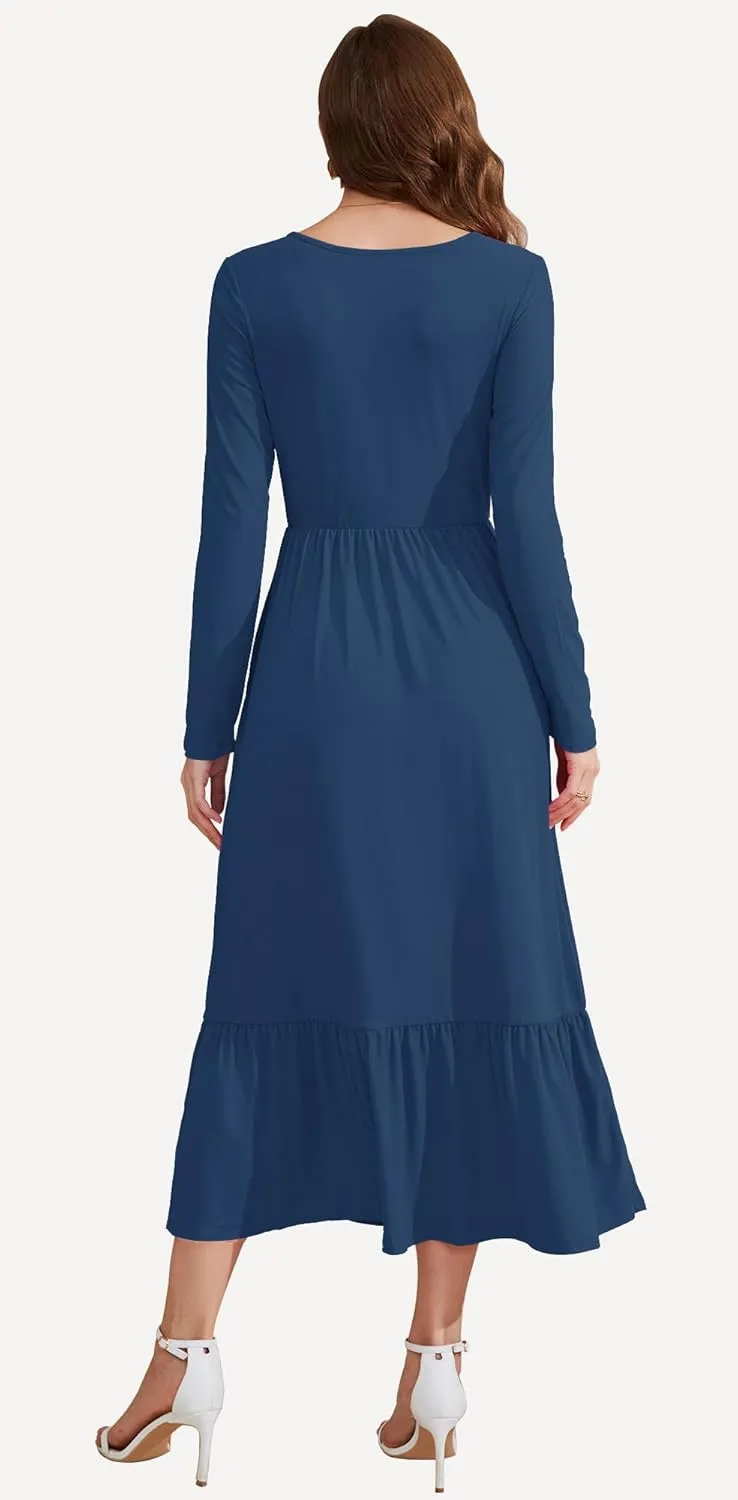 AUSELILY Womens Fall Dresses 2024 Long Sleeve Maxi Dress Casual Crewneck Flowy Tiered Wedding Guest Dress with Pockets