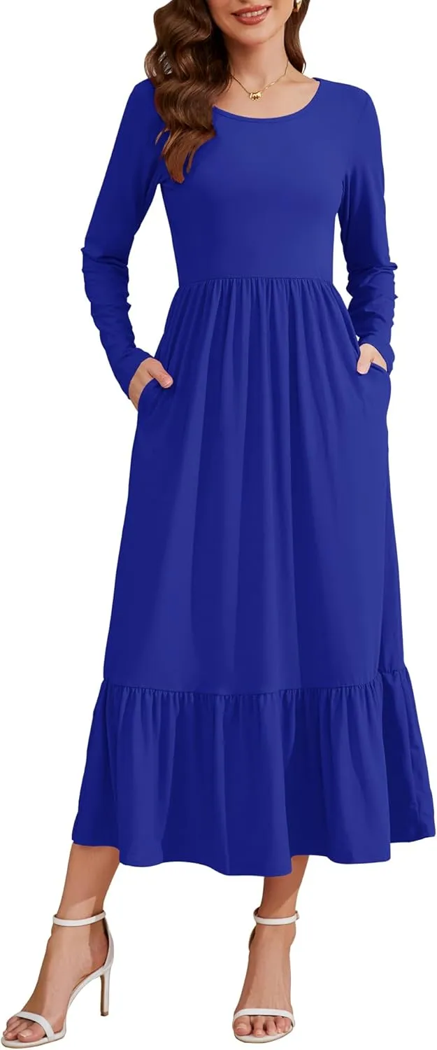 AUSELILY Womens Fall Dresses 2024 Long Sleeve Maxi Dress Casual Crewneck Flowy Tiered Wedding Guest Dress with Pockets