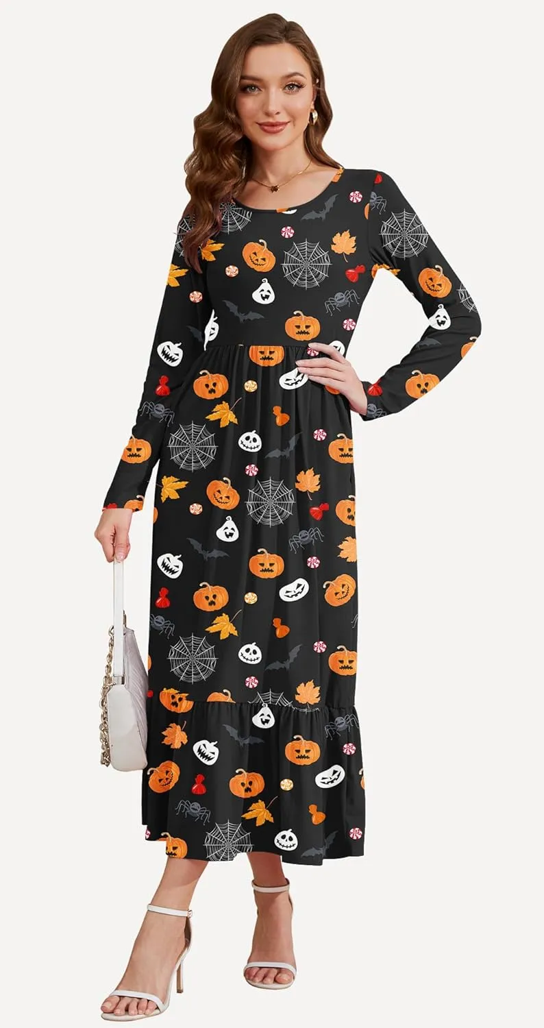 AUSELILY Womens Fall Dresses 2024 Long Sleeve Maxi Dress Casual Crewneck Flowy Tiered Wedding Guest Dress with Pockets