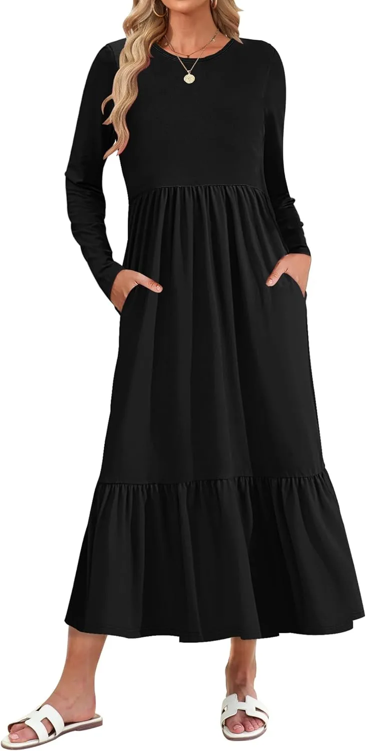 AUSELILY Womens Fall Dresses 2024 Long Sleeve Maxi Dress Casual Crewneck Flowy Tiered Wedding Guest Dress with Pockets