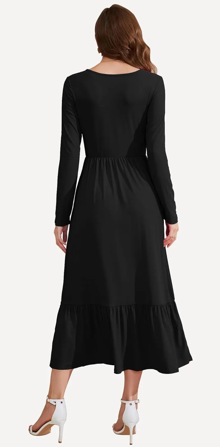 AUSELILY Womens Fall Dresses 2024 Long Sleeve Maxi Dress Casual Crewneck Flowy Tiered Wedding Guest Dress with Pockets