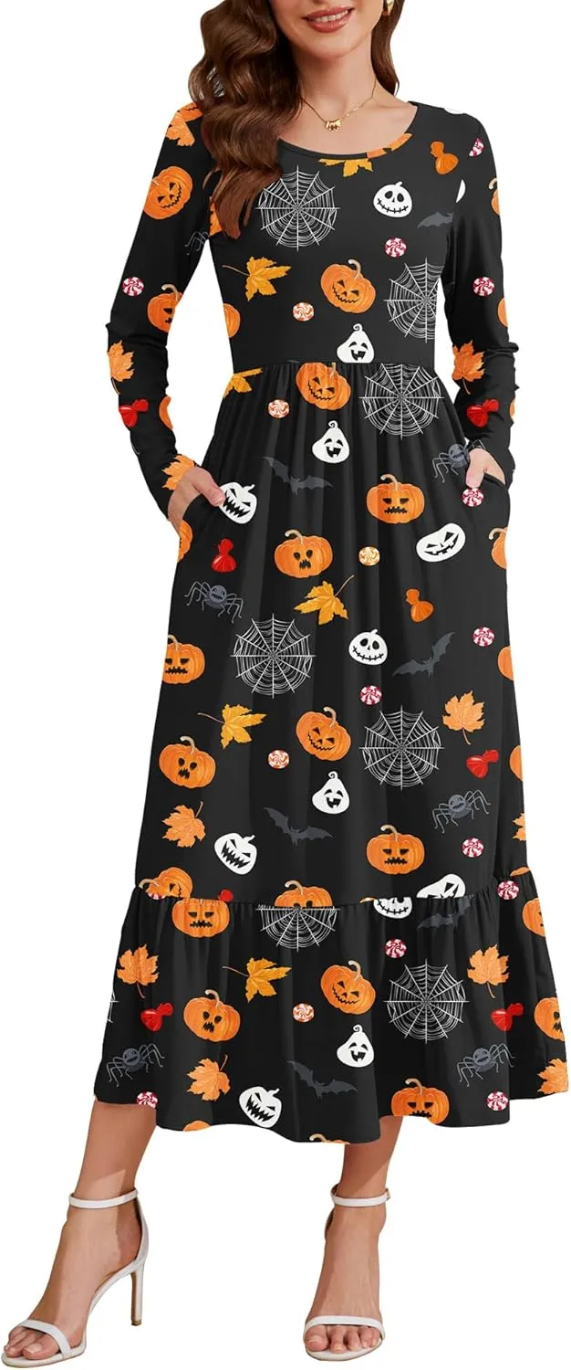 AUSELILY Womens Fall Dresses 2024 Long Sleeve Maxi Dress Casual Crewneck Flowy Tiered Wedding Guest Dress with Pockets
