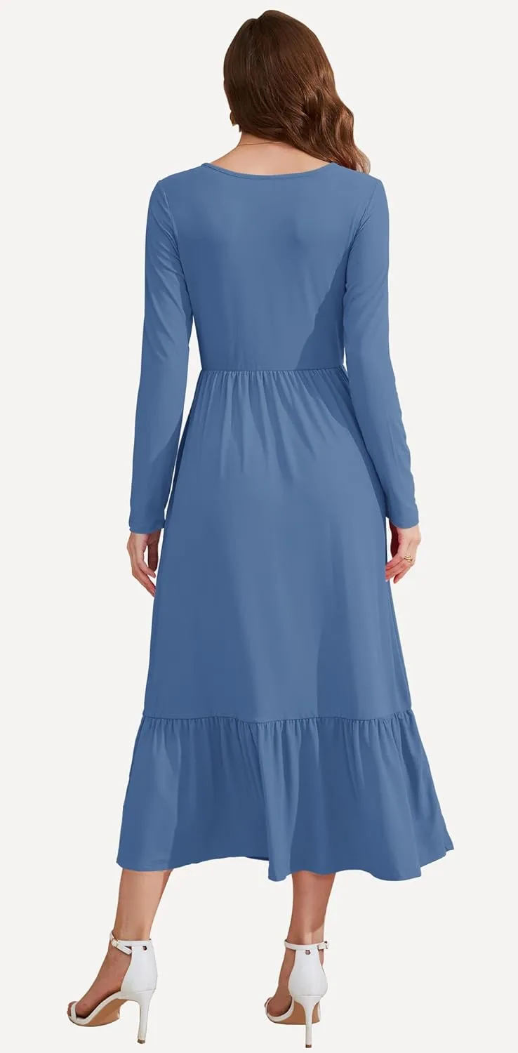 AUSELILY Womens Fall Dresses 2024 Long Sleeve Maxi Dress Casual Crewneck Flowy Tiered Wedding Guest Dress with Pockets