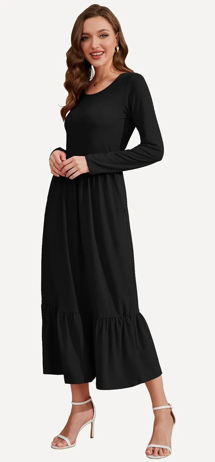 AUSELILY Womens Fall Dresses 2024 Long Sleeve Maxi Dress Casual Crewneck Flowy Tiered Wedding Guest Dress with Pockets