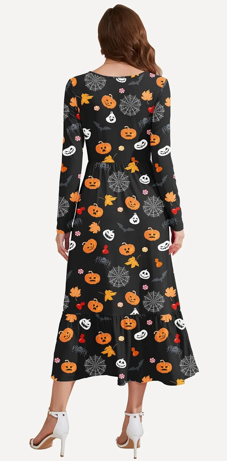 AUSELILY Womens Fall Dresses 2024 Long Sleeve Maxi Dress Casual Crewneck Flowy Tiered Wedding Guest Dress with Pockets