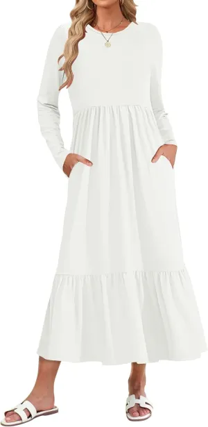 AUSELILY Womens Fall Dresses 2024 Long Sleeve Maxi Dress Casual Crewneck Flowy Tiered Wedding Guest Dress with Pockets