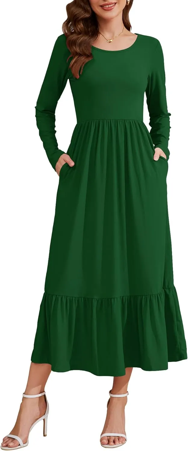 AUSELILY Womens Fall Dresses 2024 Long Sleeve Maxi Dress Casual Crewneck Flowy Tiered Wedding Guest Dress with Pockets