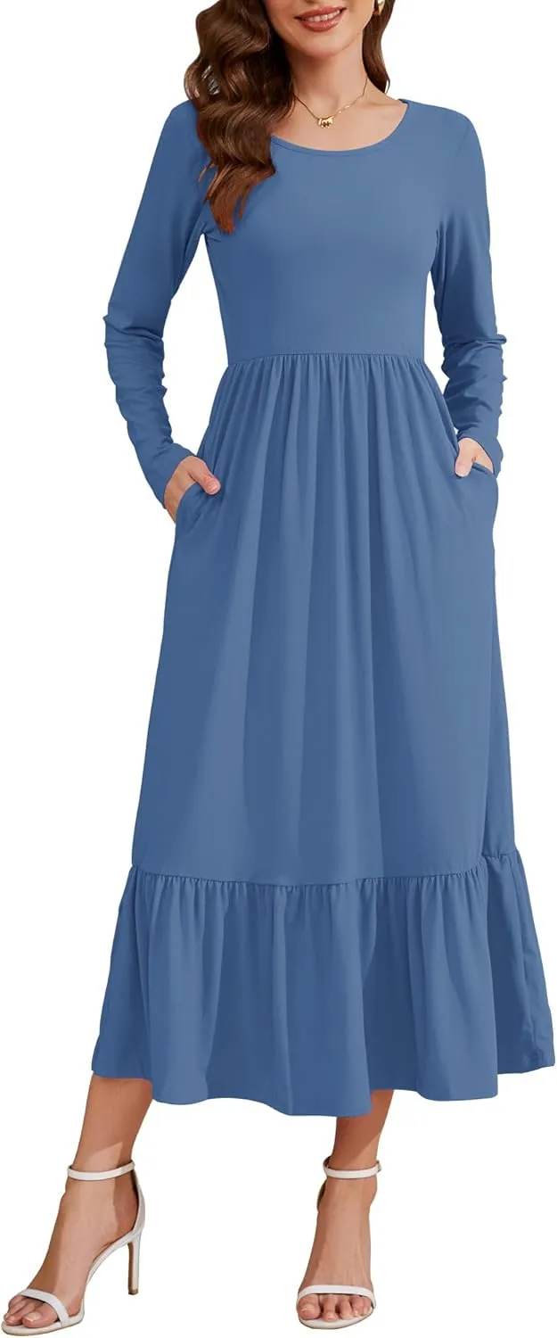 AUSELILY Womens Fall Dresses 2024 Long Sleeve Maxi Dress Casual Crewneck Flowy Tiered Wedding Guest Dress with Pockets