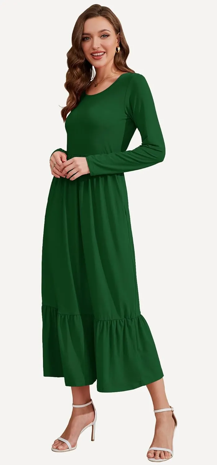 AUSELILY Womens Fall Dresses 2024 Long Sleeve Maxi Dress Casual Crewneck Flowy Tiered Wedding Guest Dress with Pockets