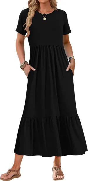 AUSELILY Womens Summer Dresses 2025 Short Sleeve Maxi Dress Crewneck Casual Sundresses with Pockets