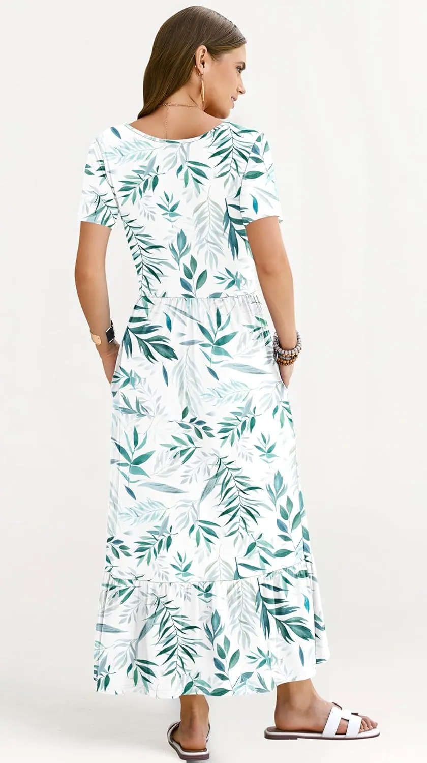 AUSELILY Womens Summer Dresses 2025 Short Sleeve Maxi Dress Crewneck Casual Sundresses with Pockets