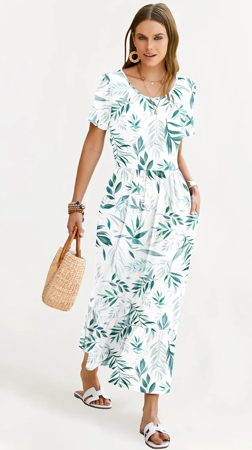 AUSELILY Womens Summer Dresses 2025 Short Sleeve Maxi Dress Crewneck Casual Sundresses with Pockets