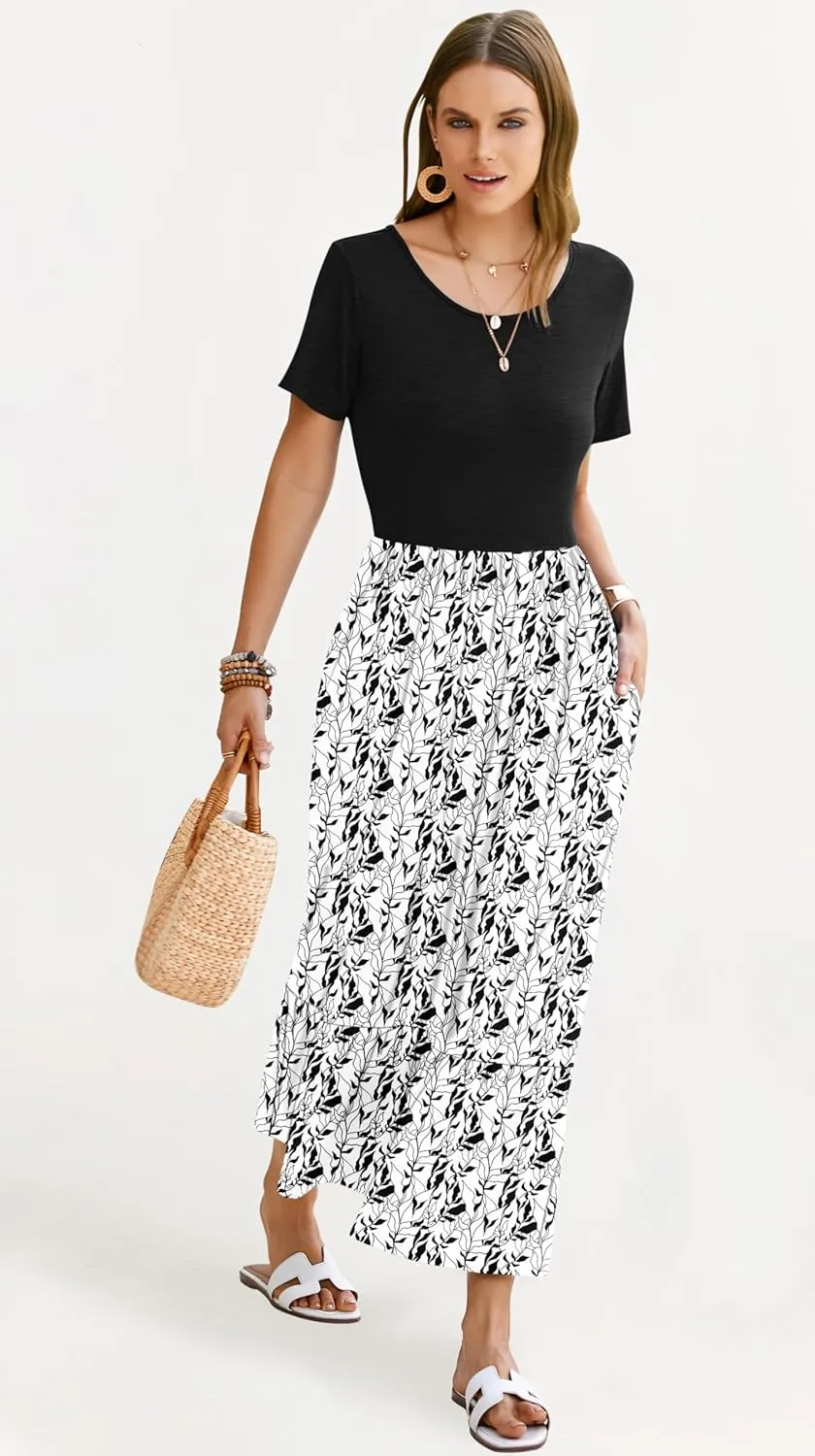 AUSELILY Womens Summer Dresses 2025 Short Sleeve Maxi Dress Crewneck Casual Sundresses with Pockets