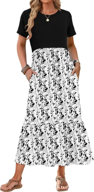 AUSELILY Womens Summer Dresses 2025 Short Sleeve Maxi Dress Crewneck Casual Sundresses with Pockets