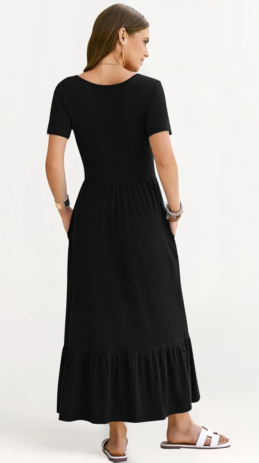 AUSELILY Womens Summer Dresses 2025 Short Sleeve Maxi Dress Crewneck Casual Sundresses with Pockets