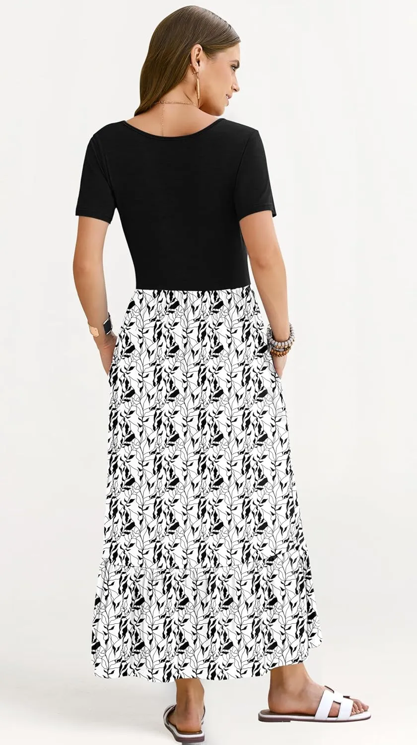 AUSELILY Womens Summer Dresses 2025 Short Sleeve Maxi Dress Crewneck Casual Sundresses with Pockets