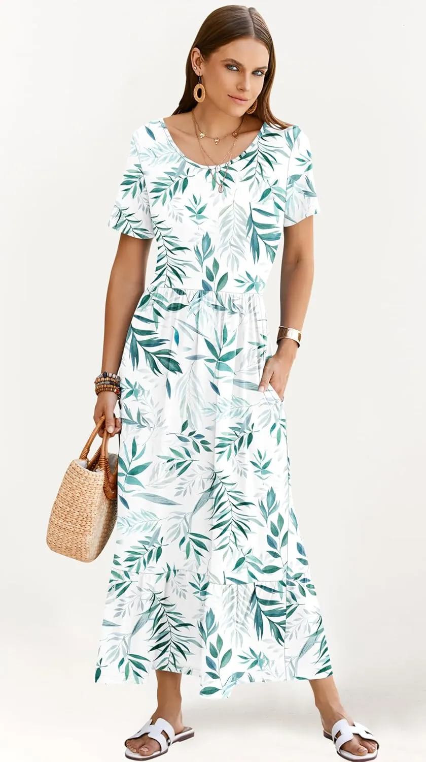 AUSELILY Womens Summer Dresses 2025 Short Sleeve Maxi Dress Crewneck Casual Sundresses with Pockets