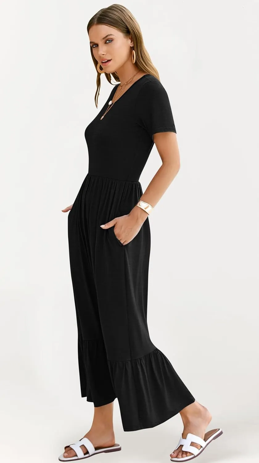 AUSELILY Womens Summer Dresses 2025 Short Sleeve Maxi Dress Crewneck Casual Sundresses with Pockets