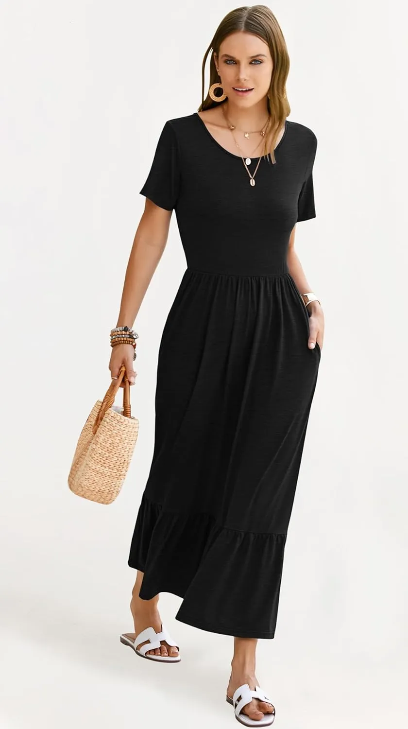 AUSELILY Womens Summer Dresses 2025 Short Sleeve Maxi Dress Crewneck Casual Sundresses with Pockets