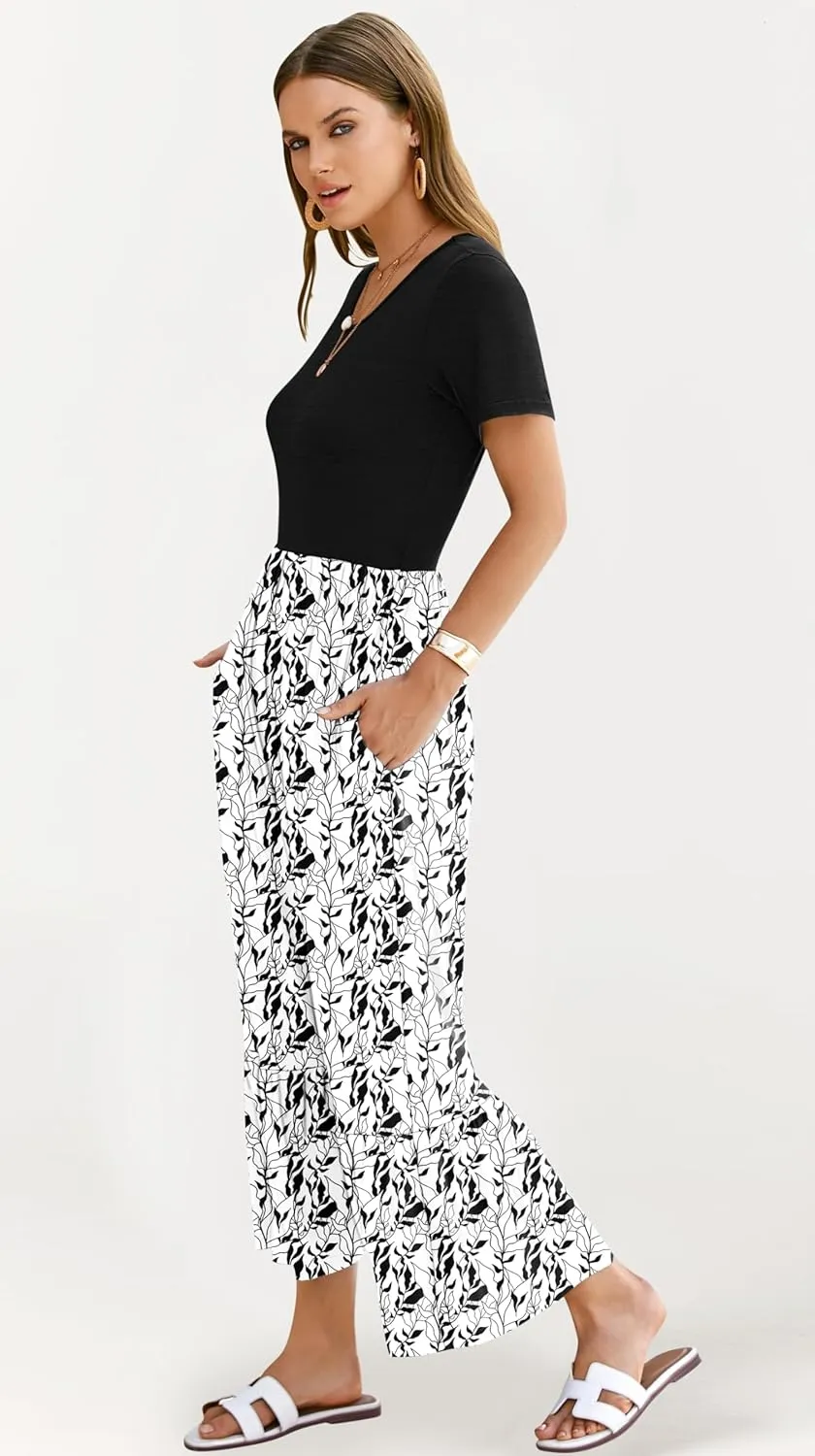 AUSELILY Womens Summer Dresses 2025 Short Sleeve Maxi Dress Crewneck Casual Sundresses with Pockets