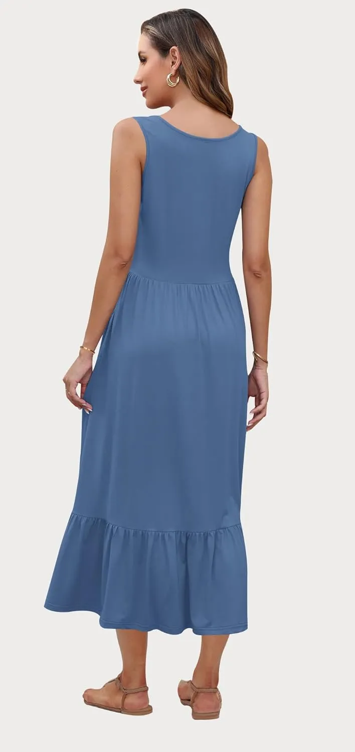 AUSELILY Womens Summer Dresses 2025 Sleeveless Maxi Dress Crewneck Casual Flowy Tiered Sundresses with Pockets