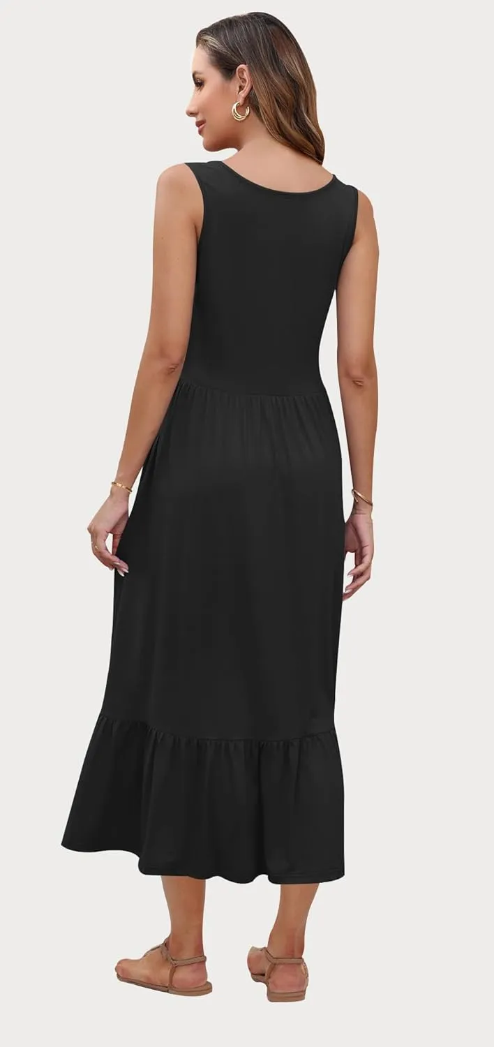 AUSELILY Womens Summer Dresses 2025 Sleeveless Maxi Dress Crewneck Casual Flowy Tiered Sundresses with Pockets