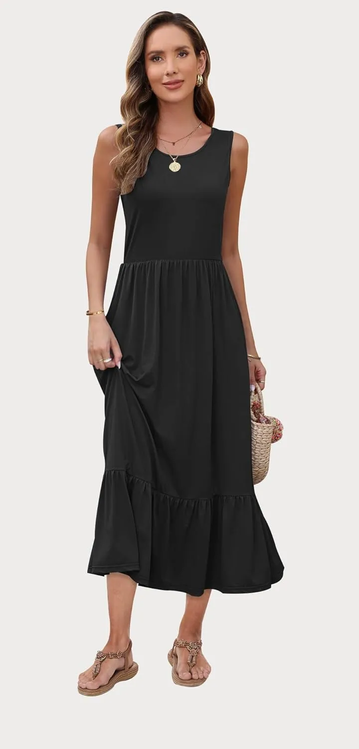 AUSELILY Womens Summer Dresses 2025 Sleeveless Maxi Dress Crewneck Casual Flowy Tiered Sundresses with Pockets