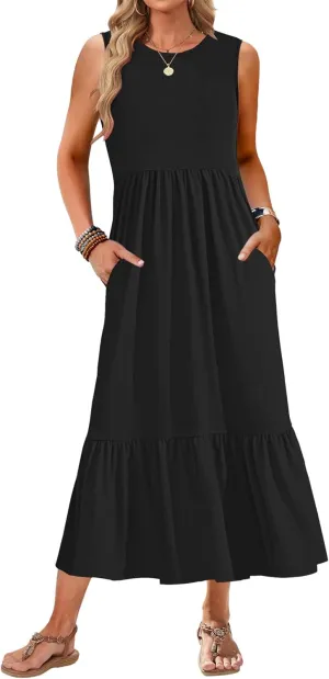 AUSELILY Womens Summer Dresses 2025 Sleeveless Maxi Dress Crewneck Casual Flowy Tiered Sundresses with Pockets