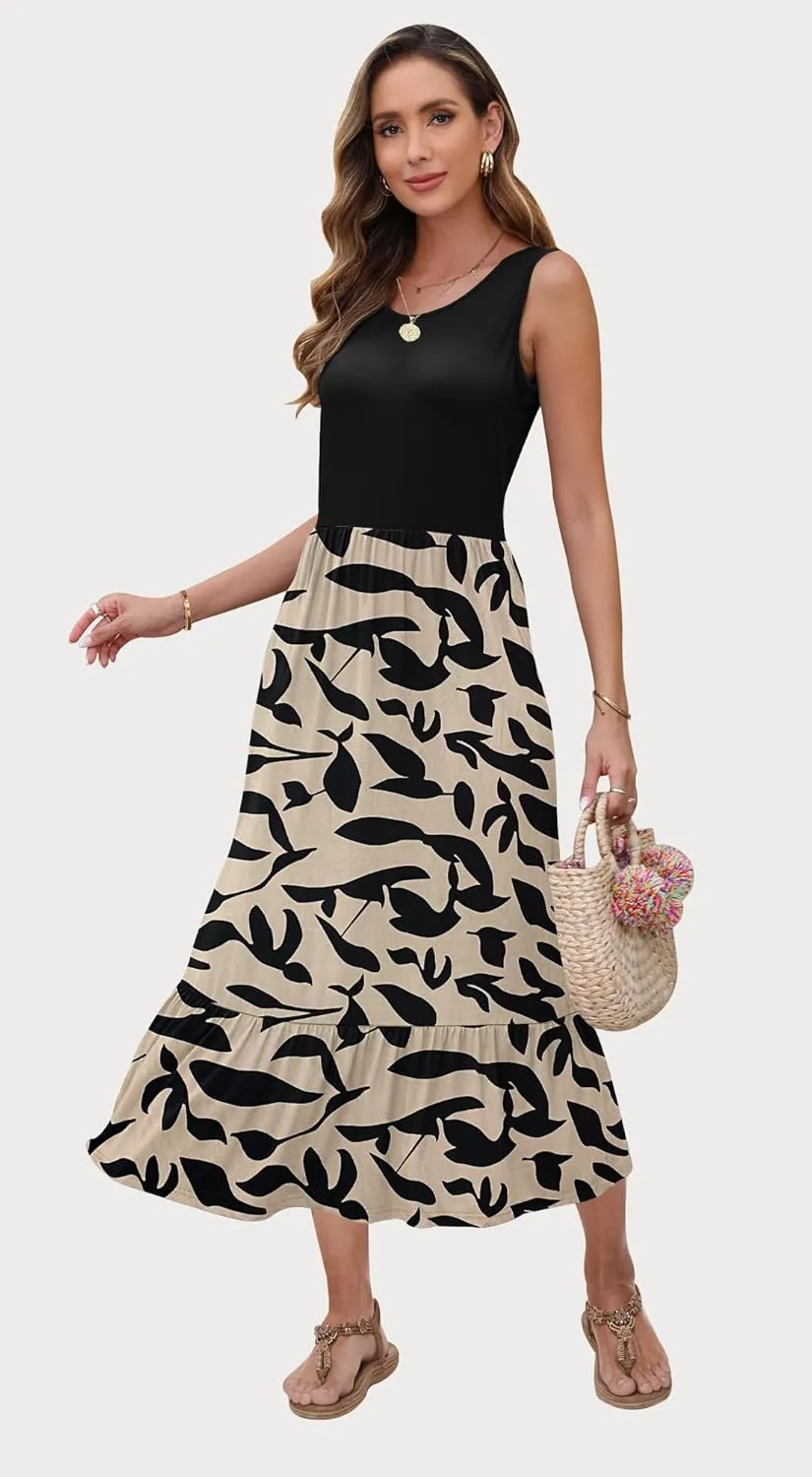 AUSELILY Womens Summer Dresses 2025 Sleeveless Maxi Dress Crewneck Casual Flowy Tiered Sundresses with Pockets