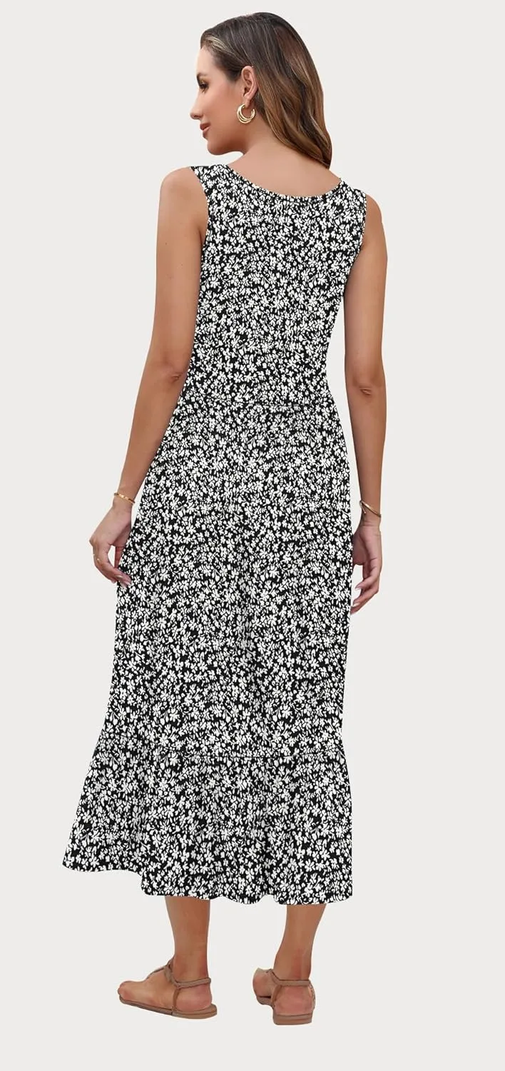 AUSELILY Womens Summer Dresses 2025 Sleeveless Maxi Dress Crewneck Casual Flowy Tiered Sundresses with Pockets