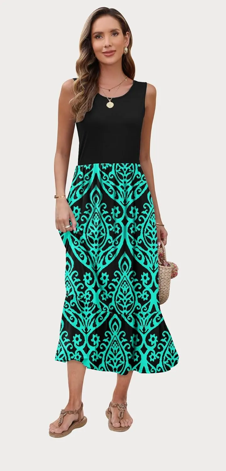 AUSELILY Womens Summer Dresses 2025 Sleeveless Maxi Dress Crewneck Casual Flowy Tiered Sundresses with Pockets