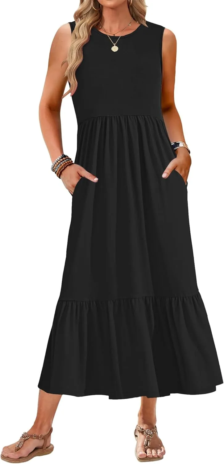 AUSELILY Womens Summer Dresses 2025 Sleeveless Maxi Dress Crewneck Casual Flowy Tiered Sundresses with Pockets
