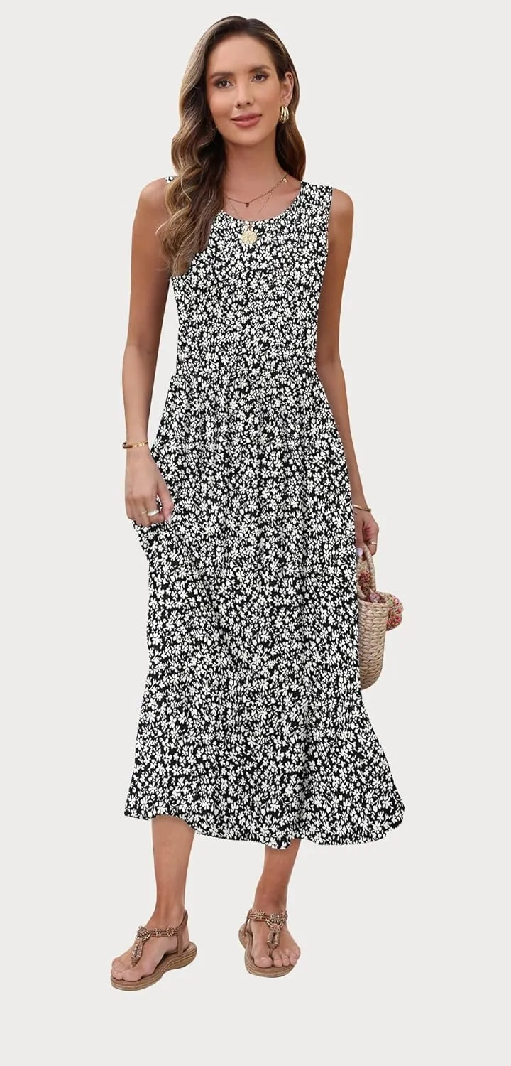 AUSELILY Womens Summer Dresses 2025 Sleeveless Maxi Dress Crewneck Casual Flowy Tiered Sundresses with Pockets
