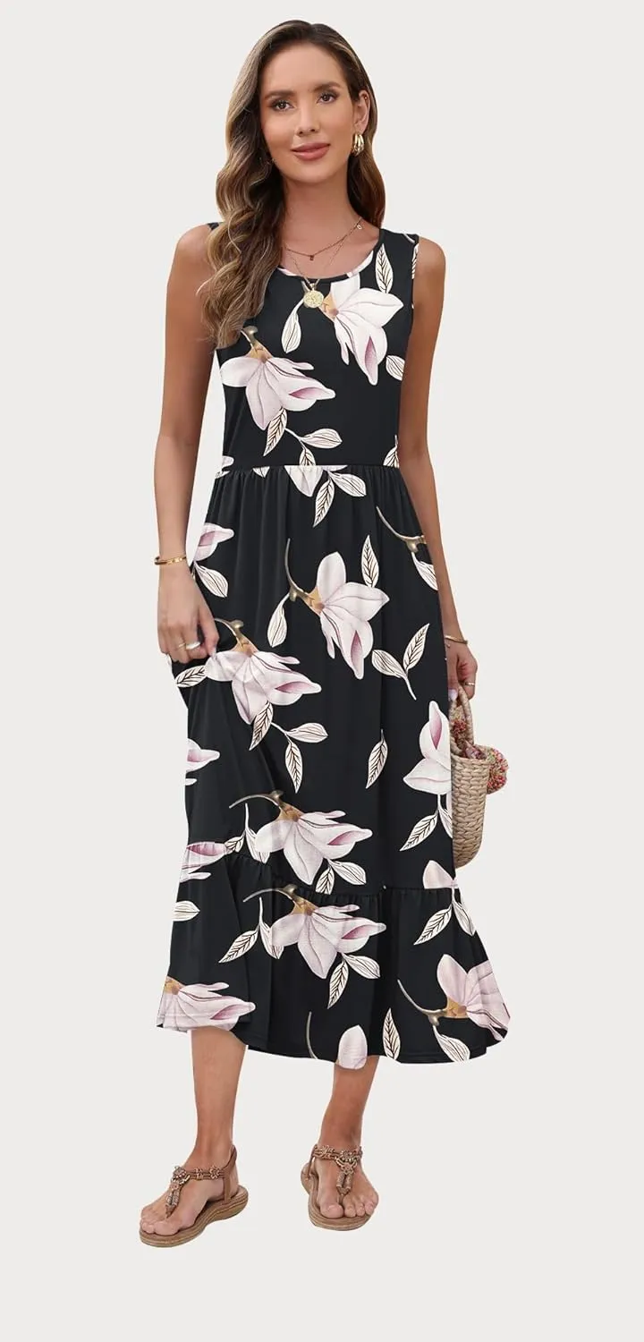 AUSELILY Womens Summer Dresses 2025 Sleeveless Maxi Dress Crewneck Casual Flowy Tiered Sundresses with Pockets