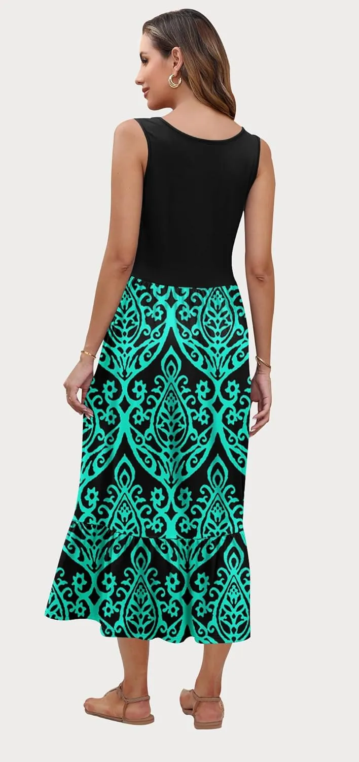 AUSELILY Womens Summer Dresses 2025 Sleeveless Maxi Dress Crewneck Casual Flowy Tiered Sundresses with Pockets