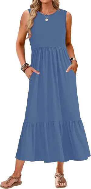 AUSELILY Womens Summer Dresses 2025 Sleeveless Maxi Dress Crewneck Casual Flowy Tiered Sundresses with Pockets