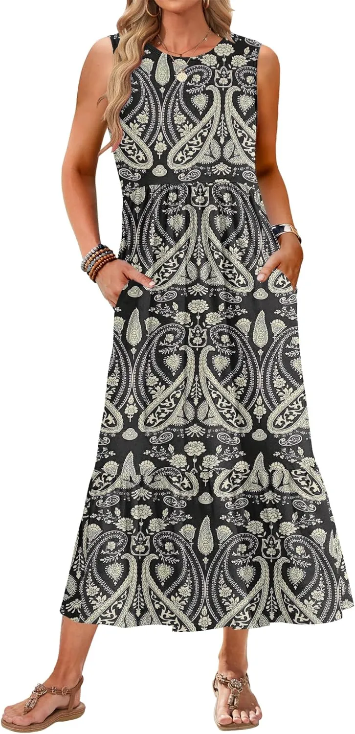 AUSELILY Womens Summer Dresses 2025 Sleeveless Maxi Dress Crewneck Casual Flowy Tiered Sundresses with Pockets