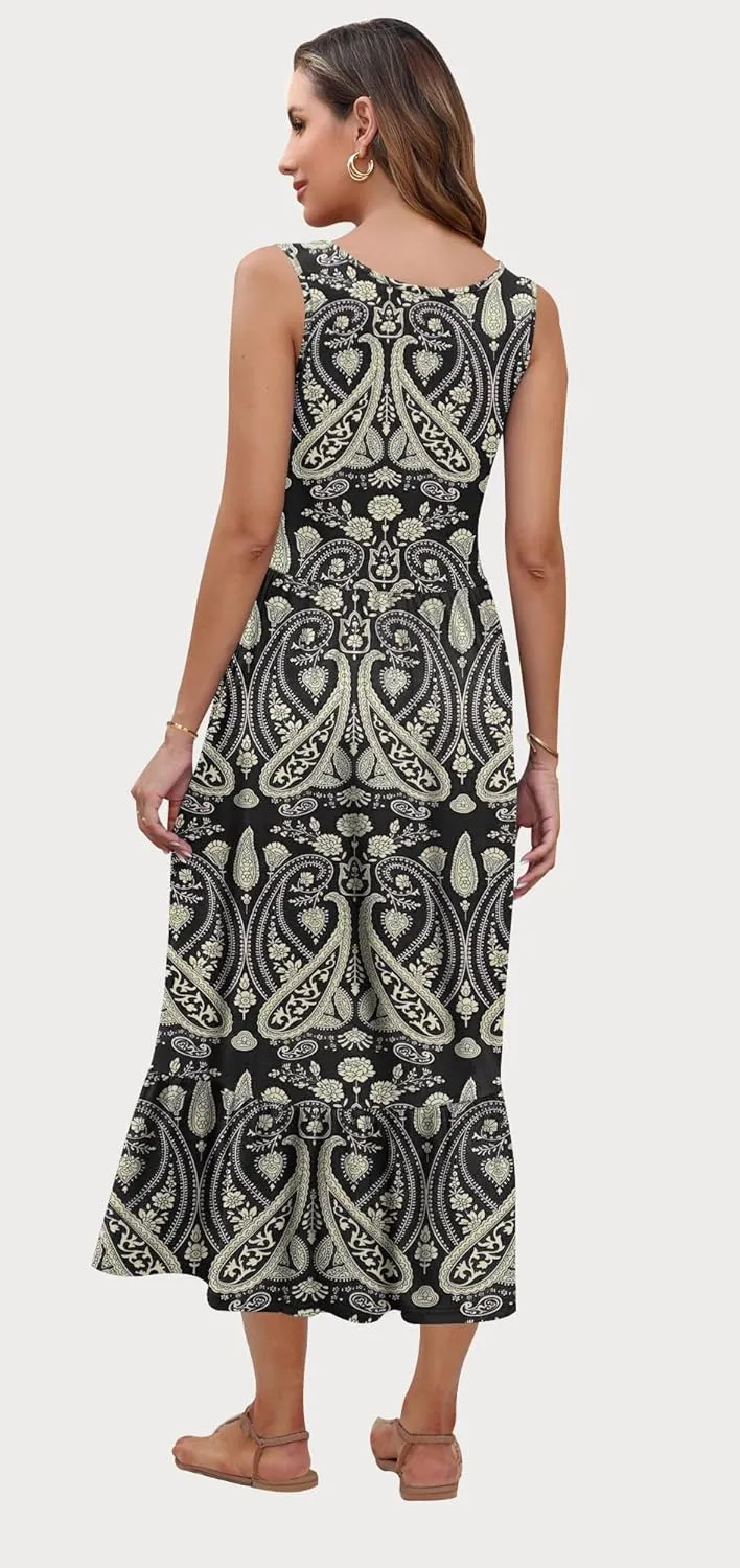 AUSELILY Womens Summer Dresses 2025 Sleeveless Maxi Dress Crewneck Casual Flowy Tiered Sundresses with Pockets