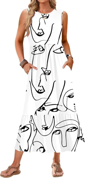 AUSELILY Womens Summer Dresses 2025 Sleeveless Maxi Dress Crewneck Casual Flowy Tiered Sundresses with Pockets