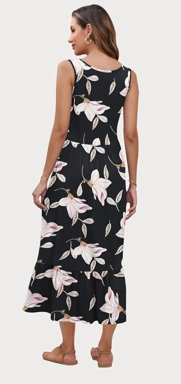 AUSELILY Womens Summer Dresses 2025 Sleeveless Maxi Dress Crewneck Casual Flowy Tiered Sundresses with Pockets