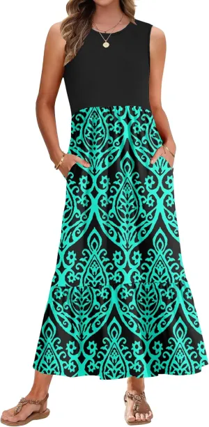 AUSELILY Womens Summer Dresses 2025 Sleeveless Maxi Dress Crewneck Casual Flowy Tiered Sundresses with Pockets