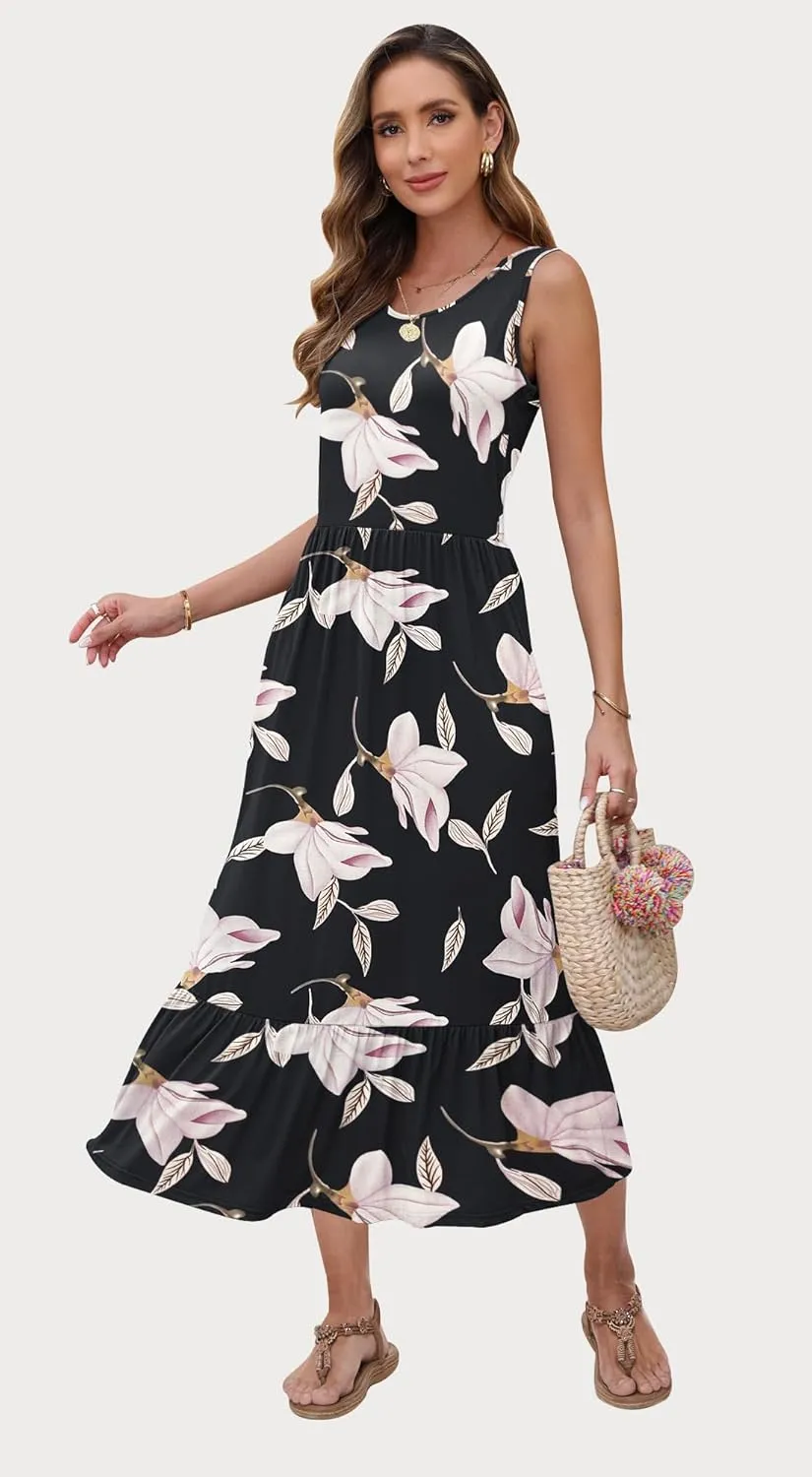 AUSELILY Womens Summer Dresses 2025 Sleeveless Maxi Dress Crewneck Casual Flowy Tiered Sundresses with Pockets