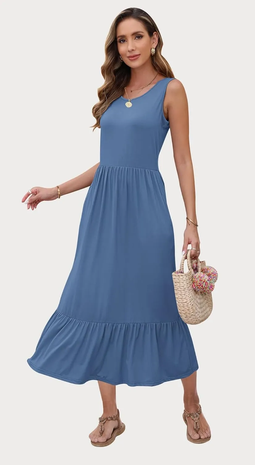 AUSELILY Womens Summer Dresses 2025 Sleeveless Maxi Dress Crewneck Casual Flowy Tiered Sundresses with Pockets