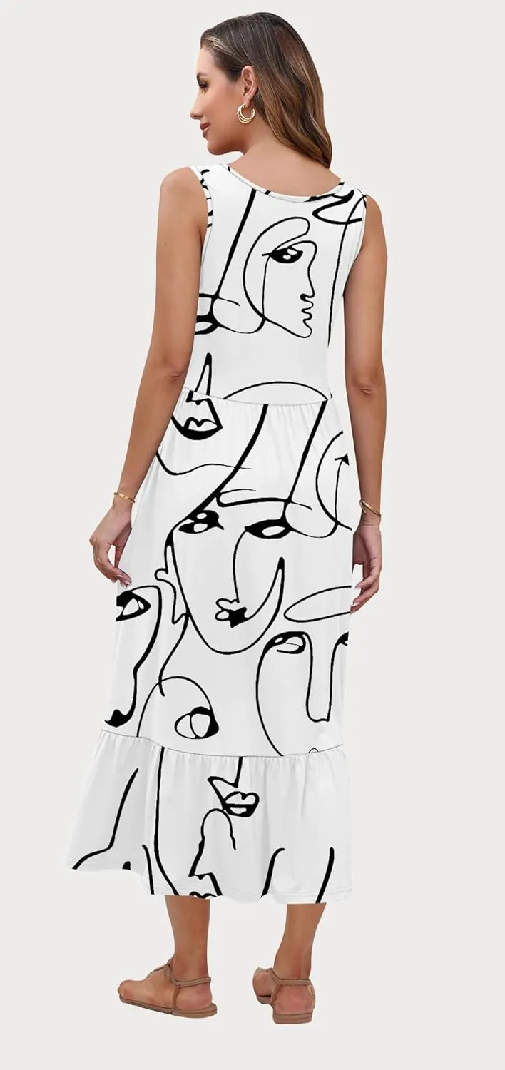 AUSELILY Womens Summer Dresses 2025 Sleeveless Maxi Dress Crewneck Casual Flowy Tiered Sundresses with Pockets