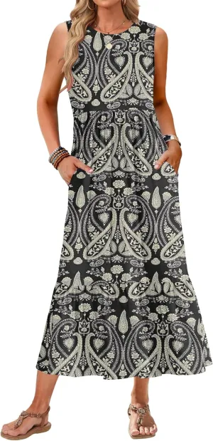 AUSELILY Womens Summer Dresses 2025 Sleeveless Maxi Dress Crewneck Casual Flowy Tiered Sundresses with Pockets